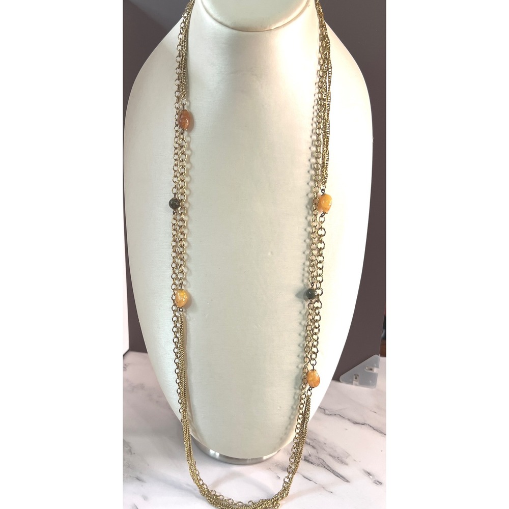 Gold Tone Multi Strand Layered Stone Beaded Long Station Necklace